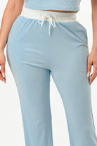 Light blue ribbed contrast binding lounge set with a comfortable drawstring waist