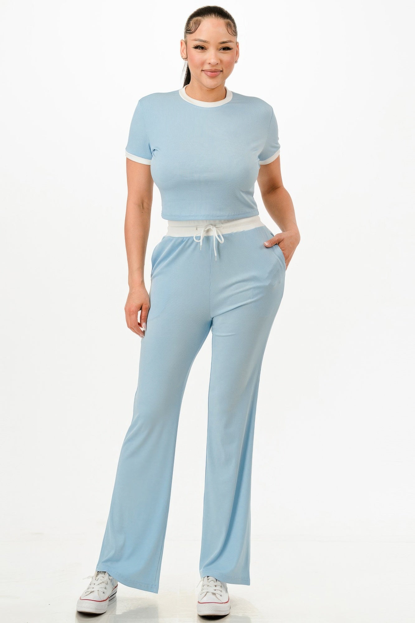 Women's ribbed contrast binding lounge set in light blue with a fitted top and wide-leg pants