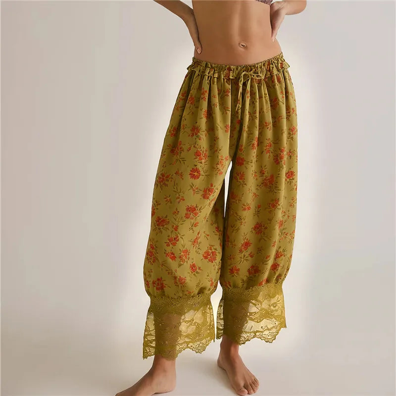 Floral loungewear set in olive green, lightweight fabric for casual wear