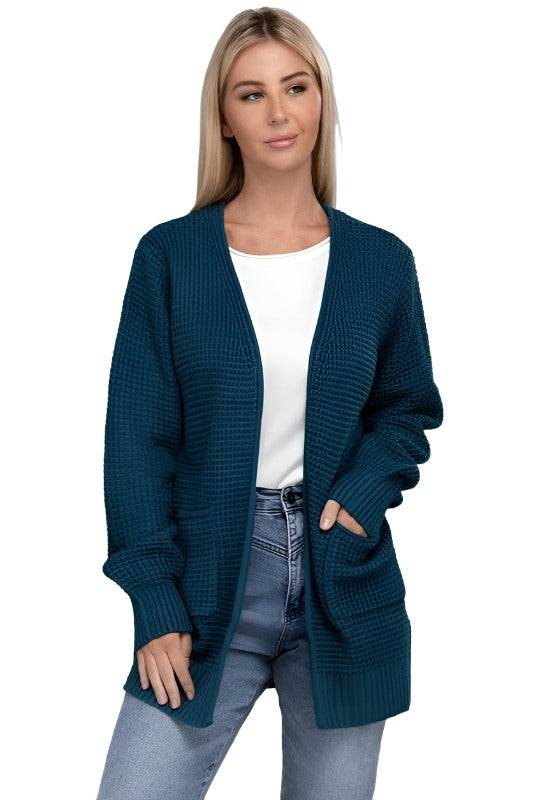 ZENANA women's low gauge knit cardigan in teal with open front and pockets for casual wear
