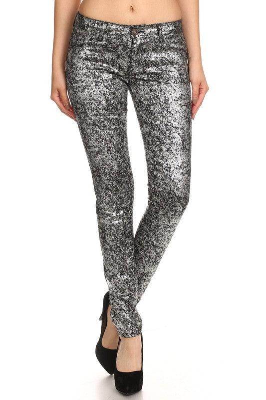Low Rise Metallic Print Skinny Jeans Pants - VacationGrabs