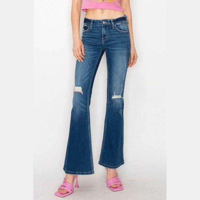 Artemis Vintage Low Rise Stretch Jeans for Women with Flared Legs and Distressed Details