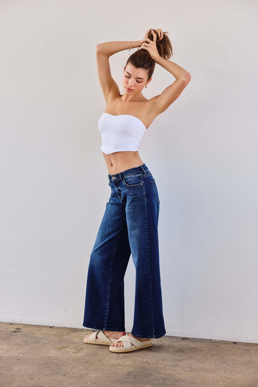 Women's low waist jeans, dark wash denim, casual summer wear