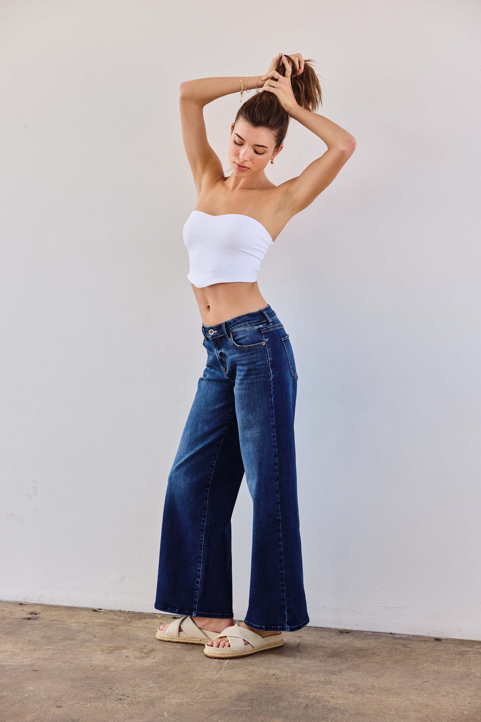 Women's low waist jeans, dark wash denim, casual summer wear