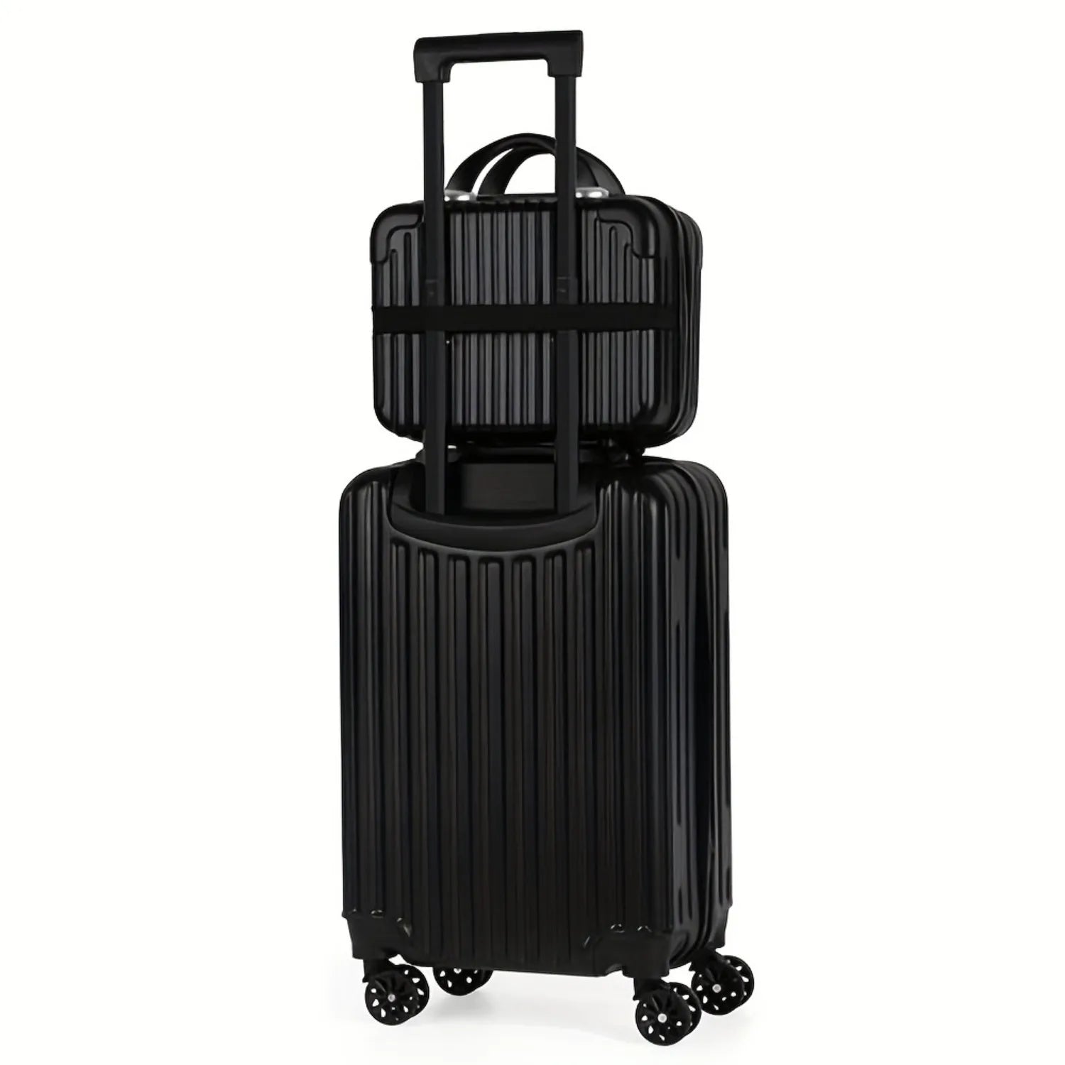 Black hardshell luggage set with spinner wheels for travel