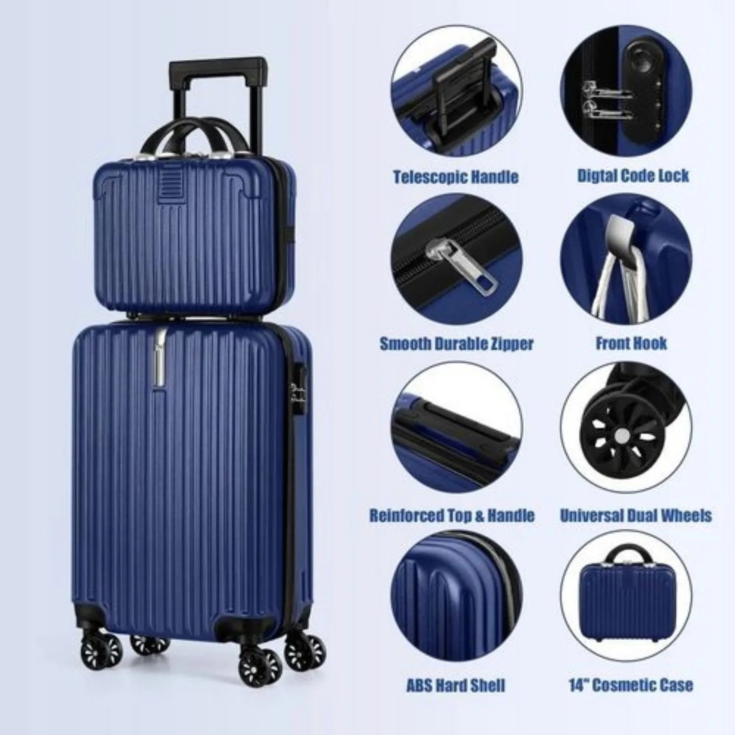 Navy luggage set with hard shell, telescopic handle, and dual wheels