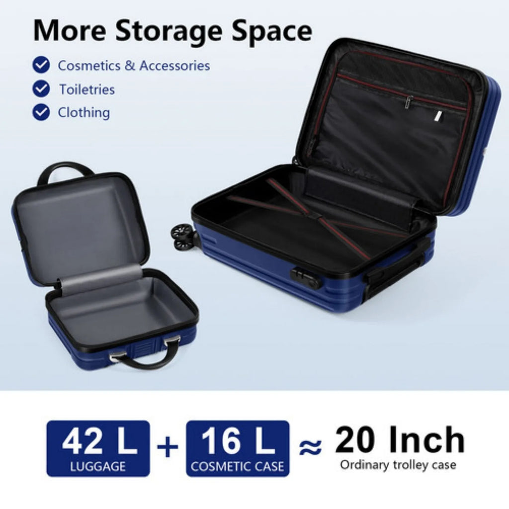 VacationGrabs navy luggage set with 42L suitcase and 16L cosmetic case