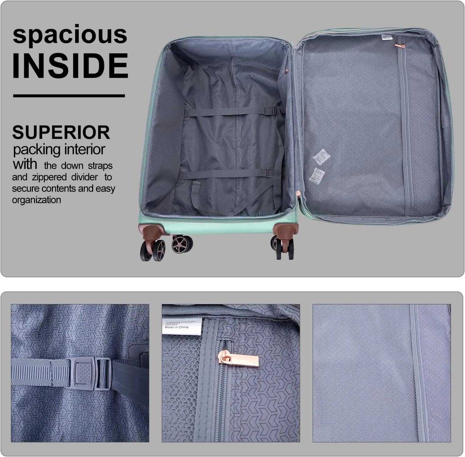 VacationGrabs luggage set, spacious interior, gray fabric, travel organization