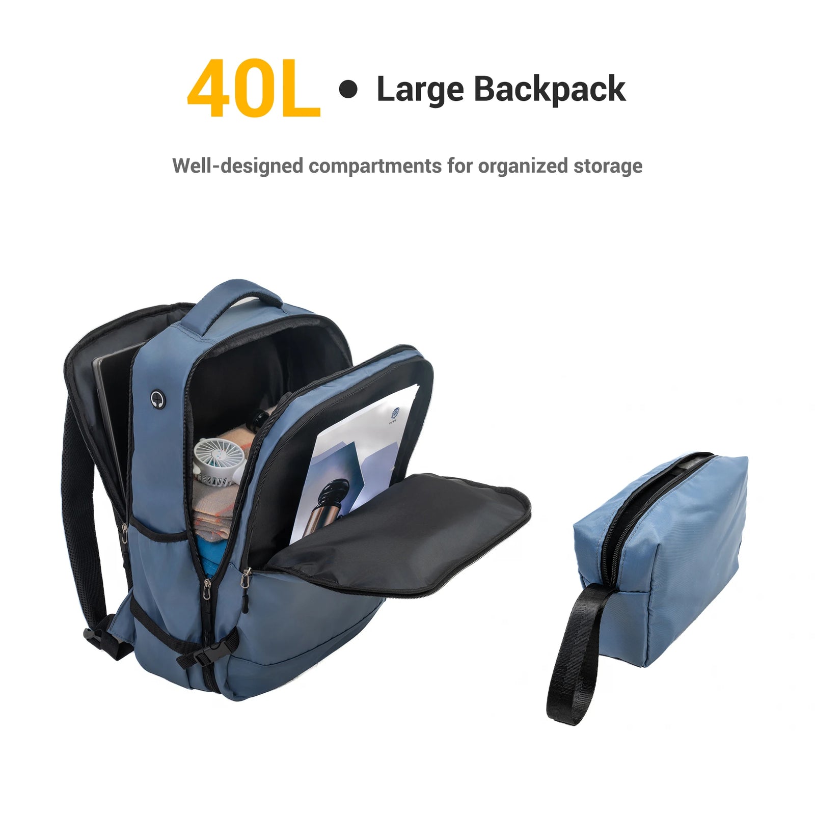Large 40L blue backpack with organized storage compartments and accessory pouch