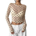 Miss Sparkling see through mesh crop top nude polka dot long sleeve sheer blouse for layering