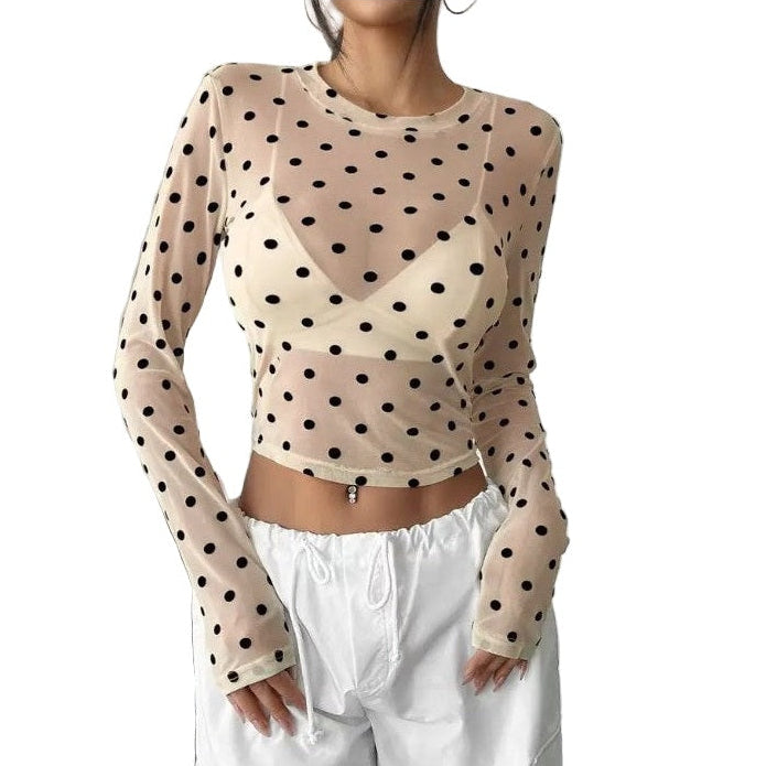 Miss Sparkling see through mesh crop top nude polka dot long sleeve sheer blouse for layering