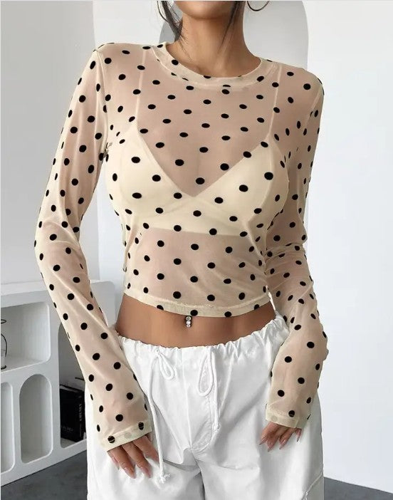 Miss Sparkling see through mesh crop top nude polka dot long sleeve sheer blouse for layering