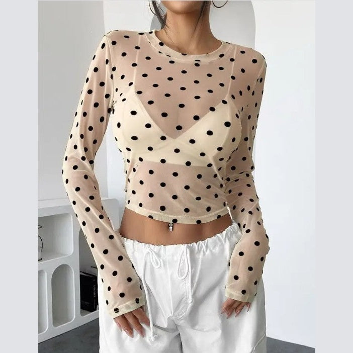 Miss Sparkling see through mesh crop top nude polka dot long sleeve sheer blouse for layering