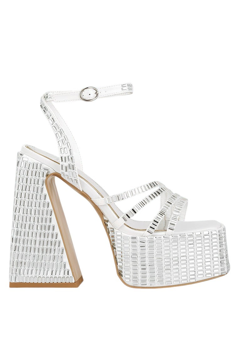 Lustrous Mirror Embellished Flare Block Heel Sandals