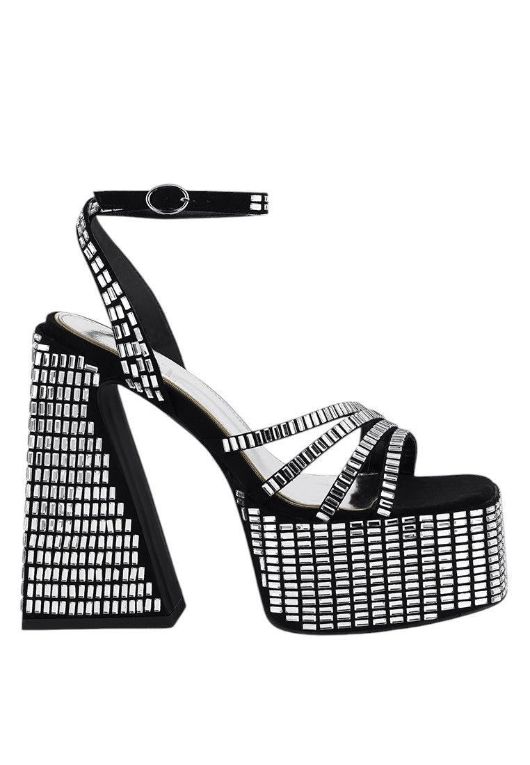 Lustrous Mirror Embellished Flare Block Heel Sandals