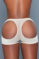 BE WICKED seamless butt enhancer shorts beige rear view with open butt cutouts for lift and shaping