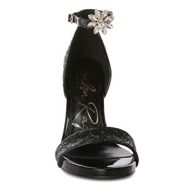 Rag Company luxury black high heels with glittery straps and a sparkling floral embellishment