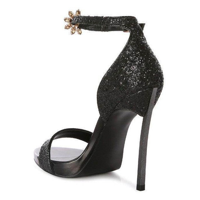 Rag Company luxury black high heels with glitter finish and decorative ankle strap detail