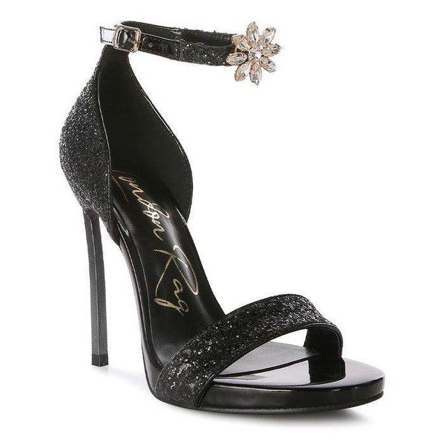 Rag Company luxury black high heels with sparkly straps and decorative ankle buckle