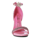 Stylish pink high heels with glitter straps and floral detail perfect for elegant occasions