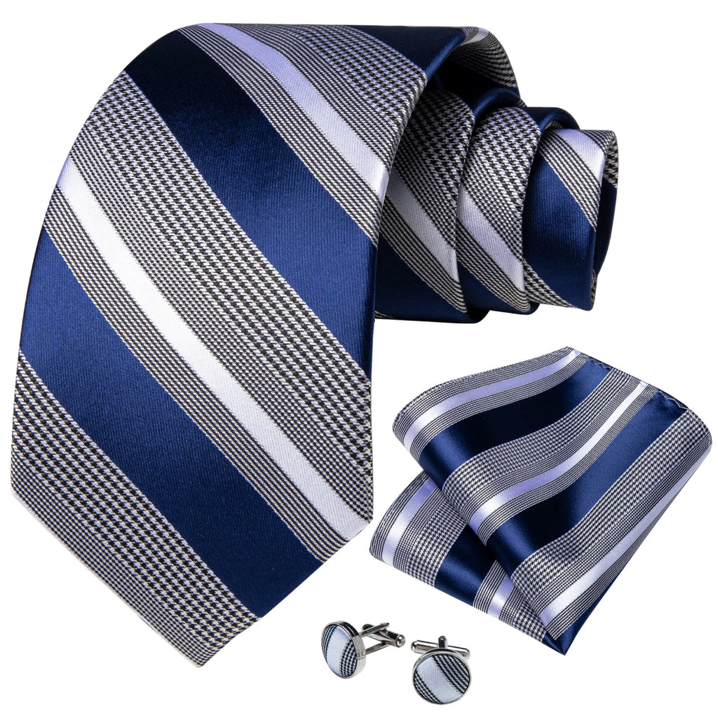 Luxury blue striped necktie set for men with cufflinks and pocket square