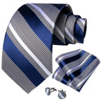 Luxury blue striped necktie set for men with cufflinks and pocket square