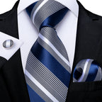 Luxury blue striped necktie set for men with matching pocket square and cufflink