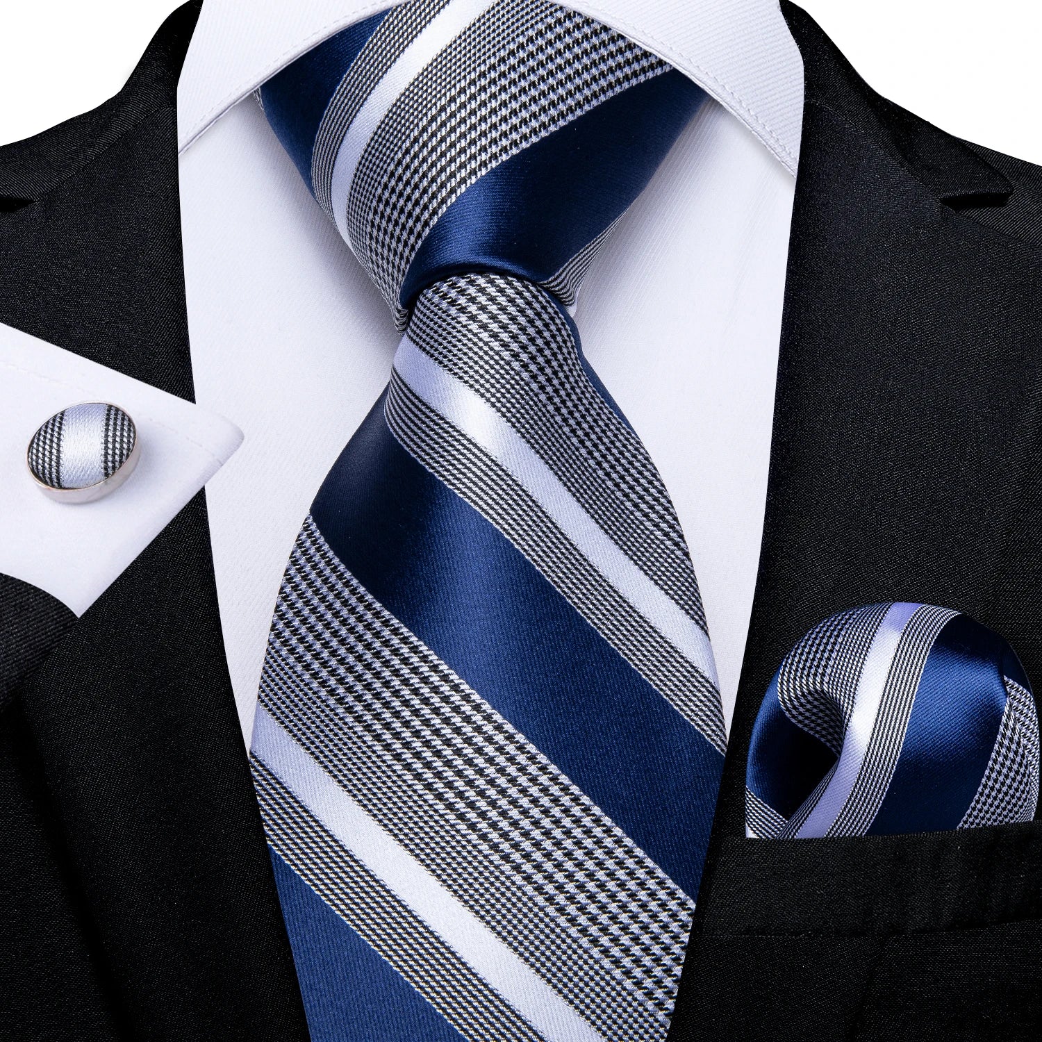 Luxury blue striped necktie set for men with matching pocket square and cufflink