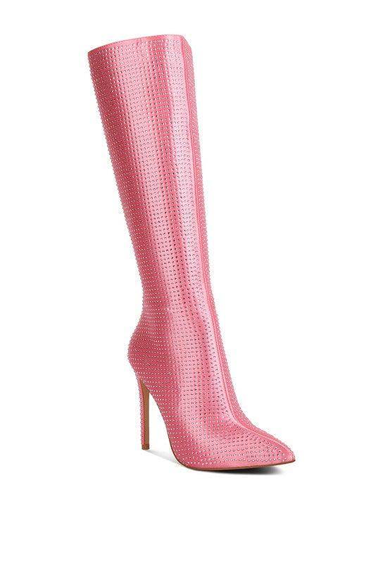 Rag Company luxury high heeled calf boot in shiny pink with a sleek design and pointed toe