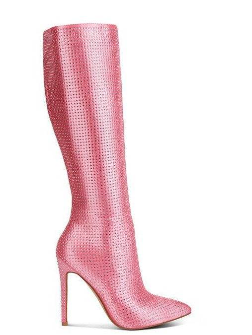 Rag Company luxury high heeled calf boot in shiny pink with a sleek design and tall silhouette