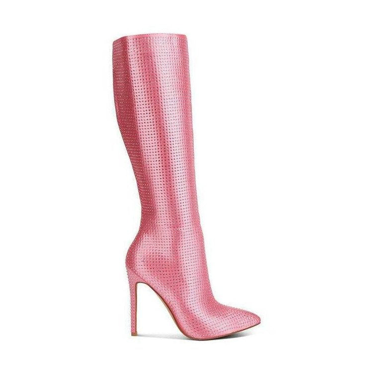 Rag Company luxury high heeled calf boot in shiny pink with a sleek design and tall silhouette