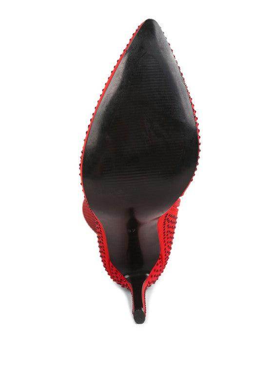 Luxury high heeled calf boot in red with a sleek pointed toe design and textured details