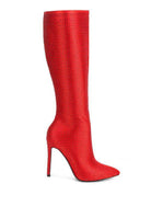 Luxury high heeled calf boot in red with a sleek design and stylish structure