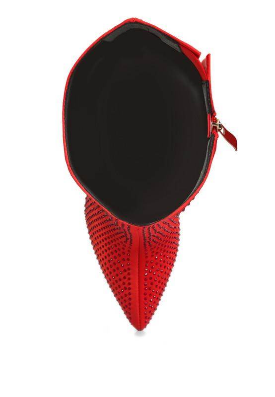 Luxury high heeled calf boot in red with studded design and stylish pointed toe