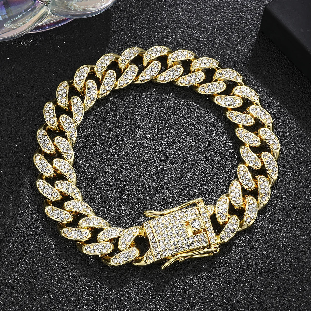Luxury iced out Cuban link bracelet, gold with rhinestones, stylish accessory