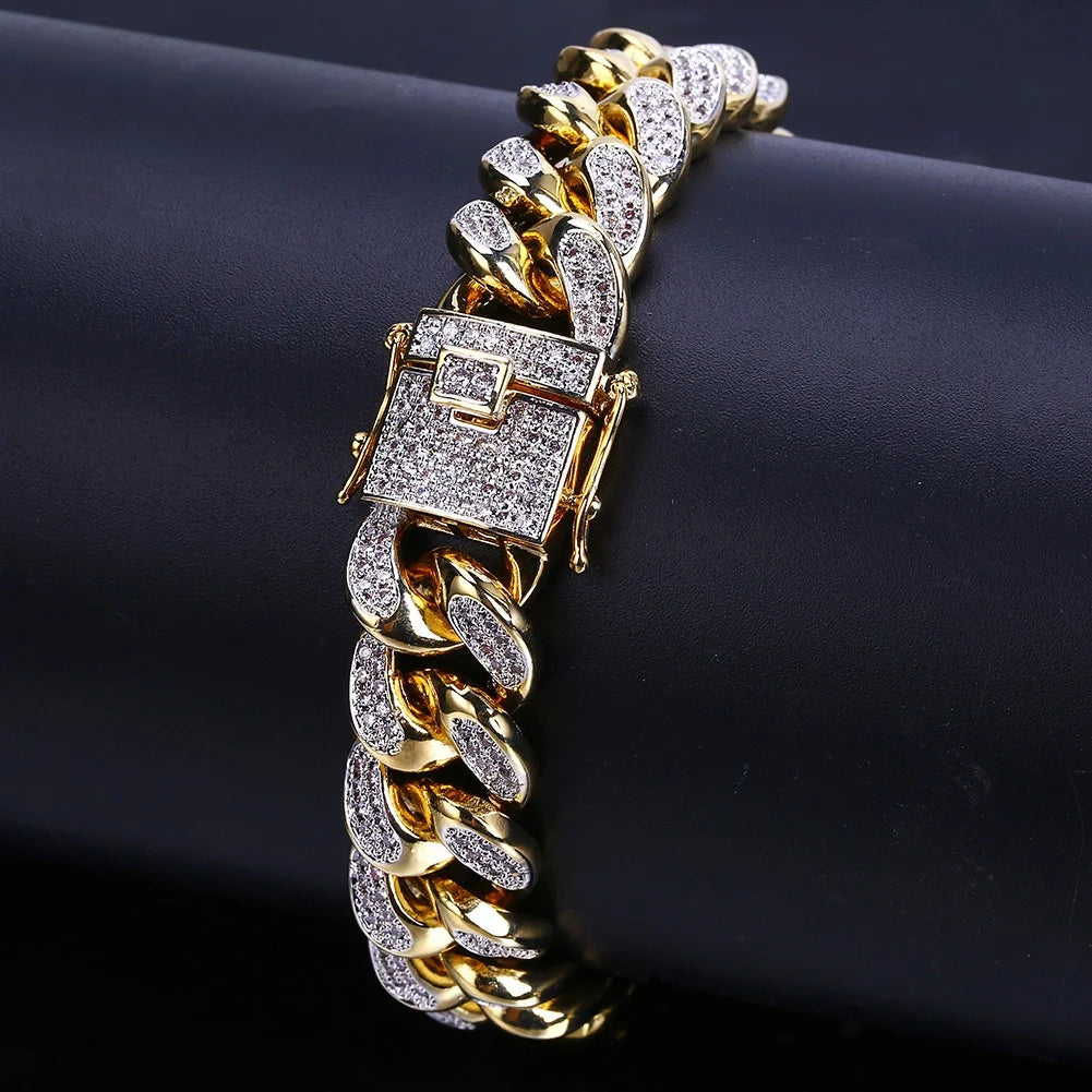 Luxury iced out Cuban link bracelet, gold finish, perfect for special occasions