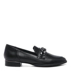 Rag Company women's luxury leather loafers in black with elegant buckle detail and low heel
