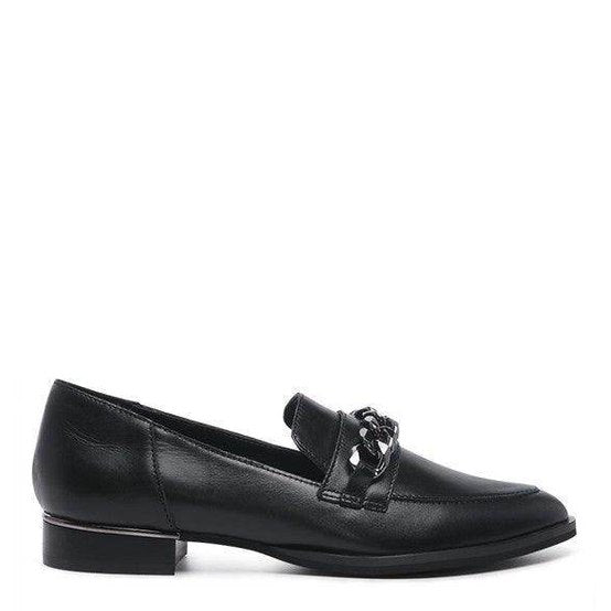 Rag Company women's luxury leather loafers in black with elegant buckle detail and low heel