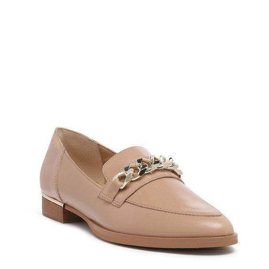 Rag Company women's luxury leather loafers in nude with decorative chain detail for chic comfort