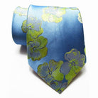Luxury silk necktie set in blue with floral design featuring green and gray accents