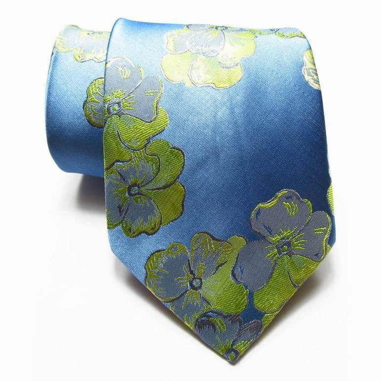 Luxury silk necktie set in blue with floral design featuring green and gray accents