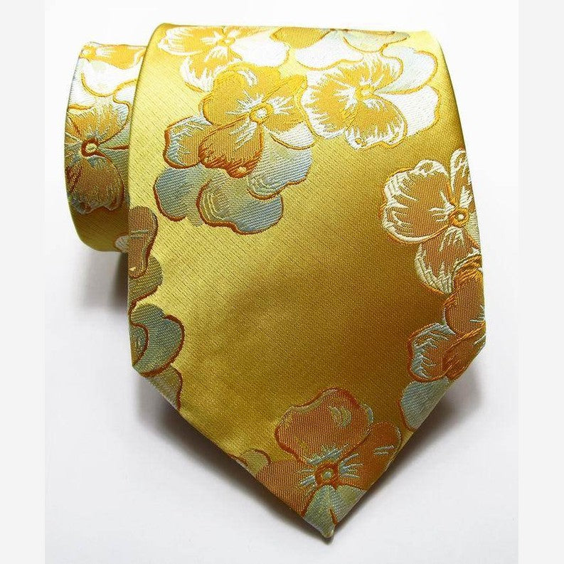 Luxury silk necktie set in floral design featuring yellow and blue tones for stylish men's accessories