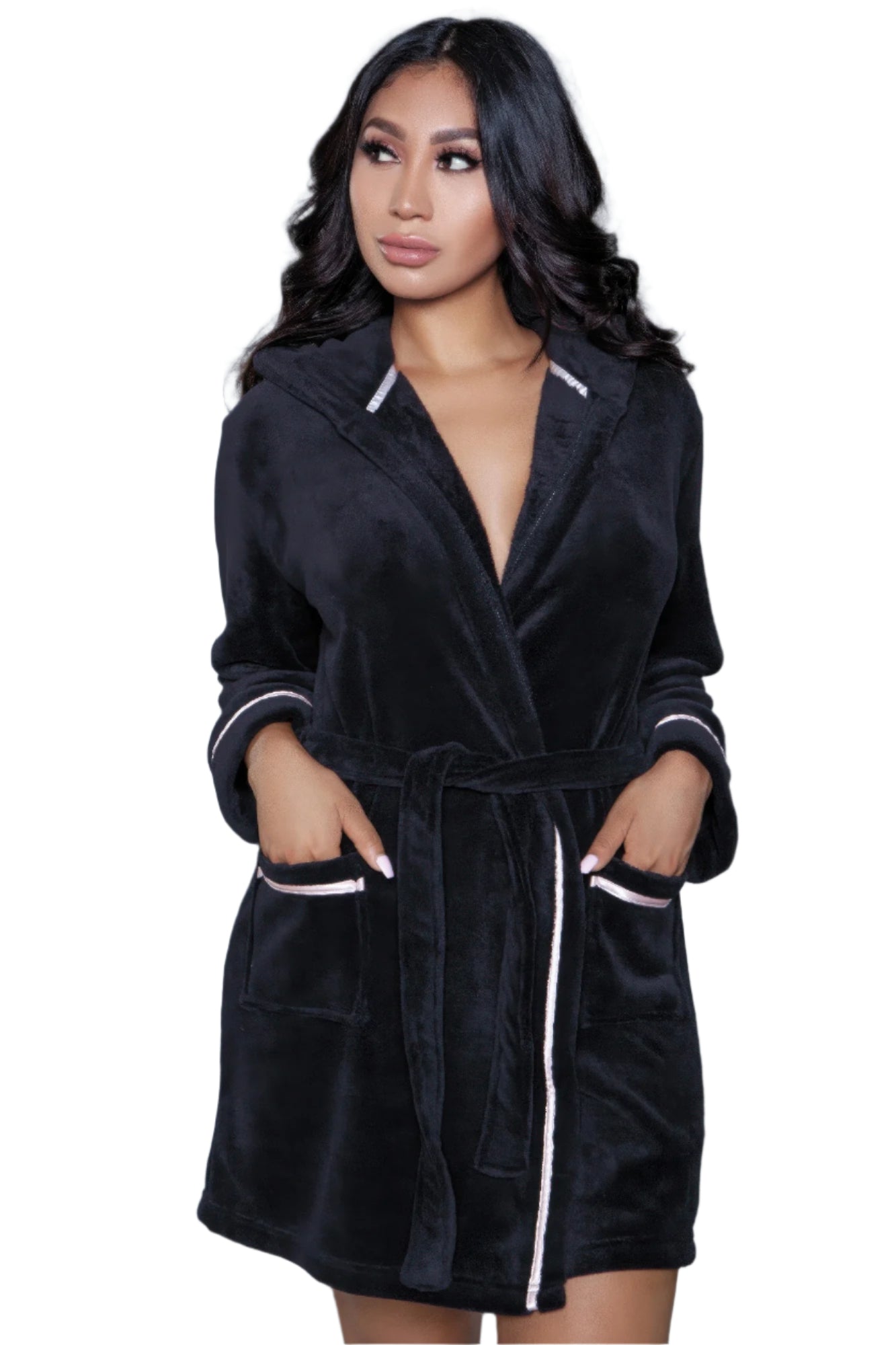 Women's black luxury vacation robe by VacationGrabs with hood and front pockets