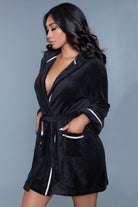 VacationGrabs women's black luxury vacation robe with soft fabric and contrast trim pockets