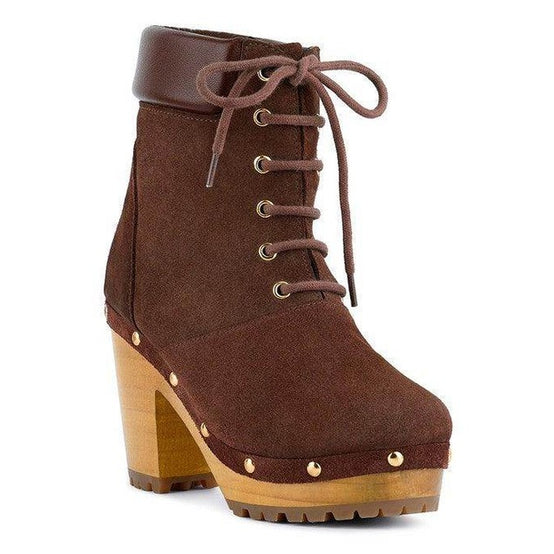 Rag Company brown Maaya suede boot purchase with lace-up front and wooden heel for stylish fall wear