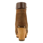 Maaya suede boot purchase featuring a stylish high heel and wooden base, perfect for trendy outfits