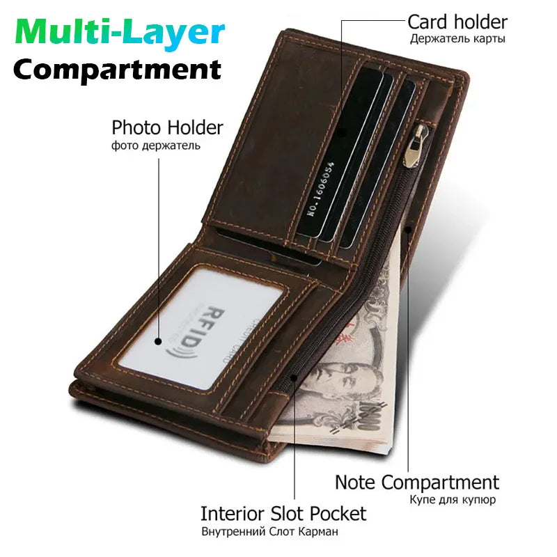 Brown leather wallet for men with multiple compartments and RFID protection