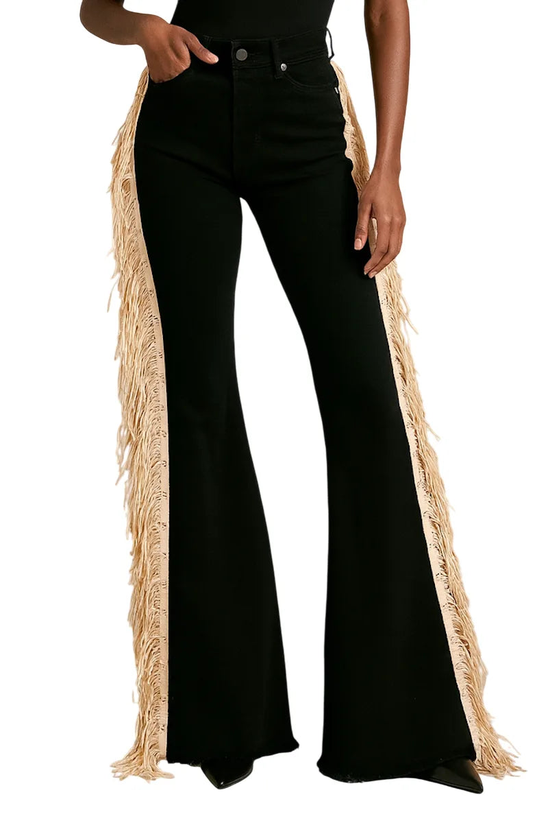 Made In Usa Mid-Rise Black Bell Bottom Jeans With Beige Fringe & Stud Detail