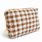 Brown and white checkered makeup bag cosmetic, quilted fabric design