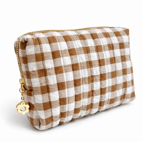 Brown and white checkered makeup bag cosmetic, quilted fabric design